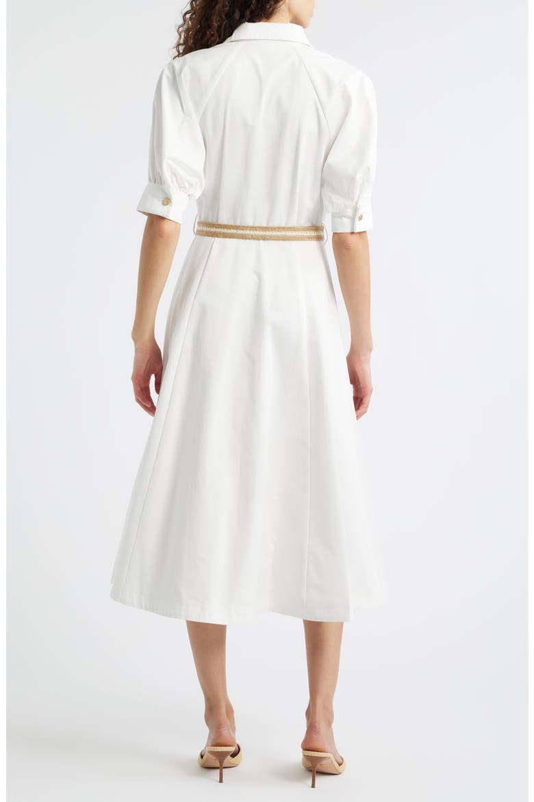 Puff Sleeve Belted Cotton Midi Shirtdress, Alternate, color, WHITE
