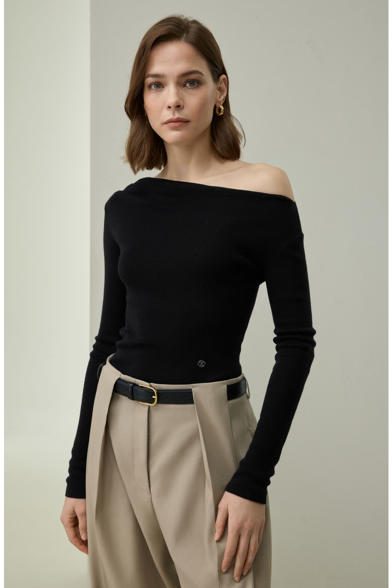 Elegant Off-Shoulder Silk-Cashmere Top, Alternate, color, Black