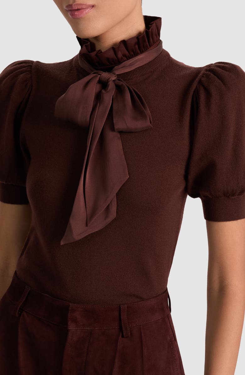 Alice + Olivia Chase Ruffle Tie Neck Stretch Wool Sweater, Alternate, color, Dark Chocolate