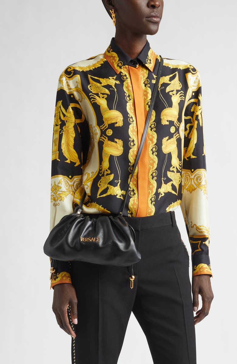 Versace Mini Logo Leather Handbag, Alternate, color, Black-Versace Gold