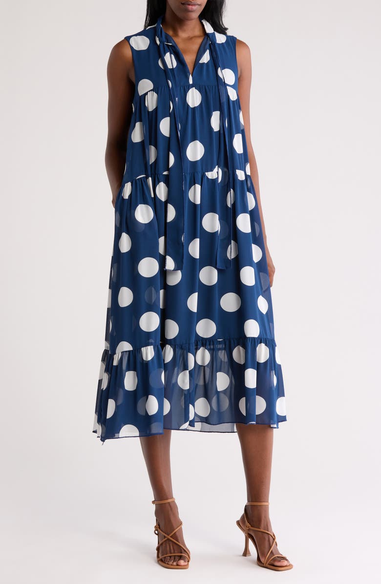 MELLODAY Tie Neck Sleeveless Tiered Midi Dress, Main, color, 