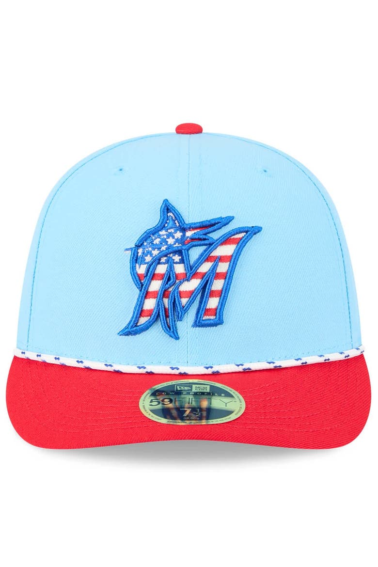 Men's New Era Light Blue/Red Miami Marlins 2025 Fourth of July Low Profile 59FIFTY Fitted Hat, Alternate, color, Light Blue