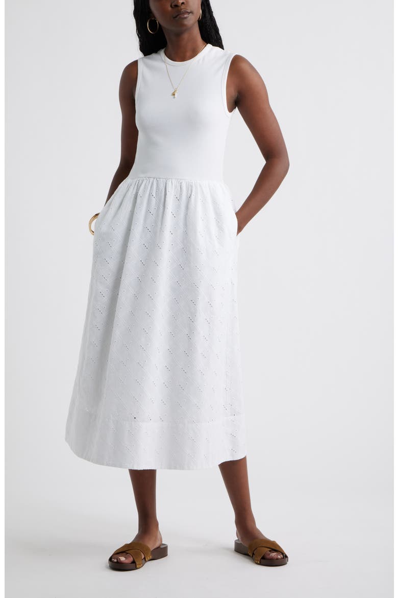 Mixed Media Midi Dress, Main, color, WHITE