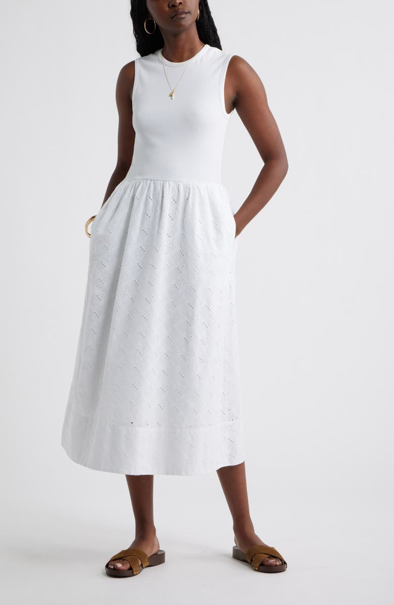 Caslon<sup>®</sup> Mixed Media Midi Dress, Main, color, White