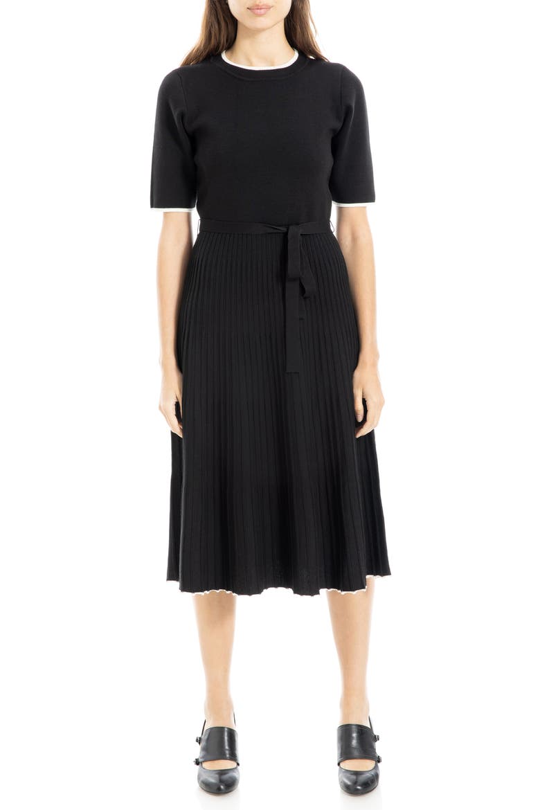Pleated Short Sleeve Sweater Dress, Main, color, BLACK/ BONE