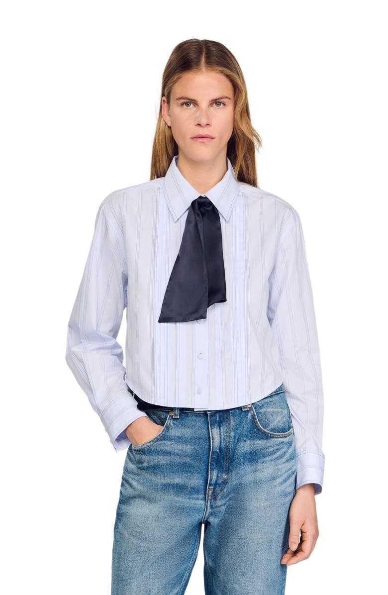 SANDRO Cropped shirt with removable tie, Alternate, color, Sky Blue
