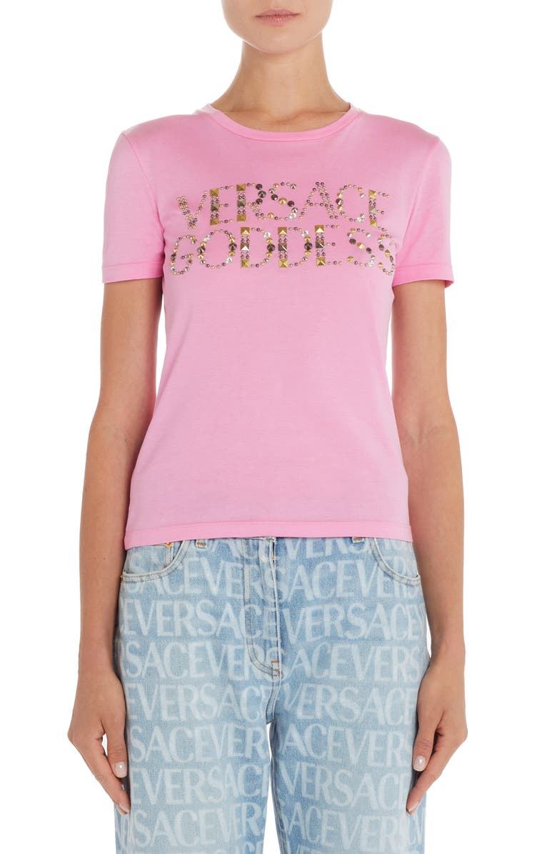 Versace Embellished Logo Cotton Graphic Tee, Main, color, 