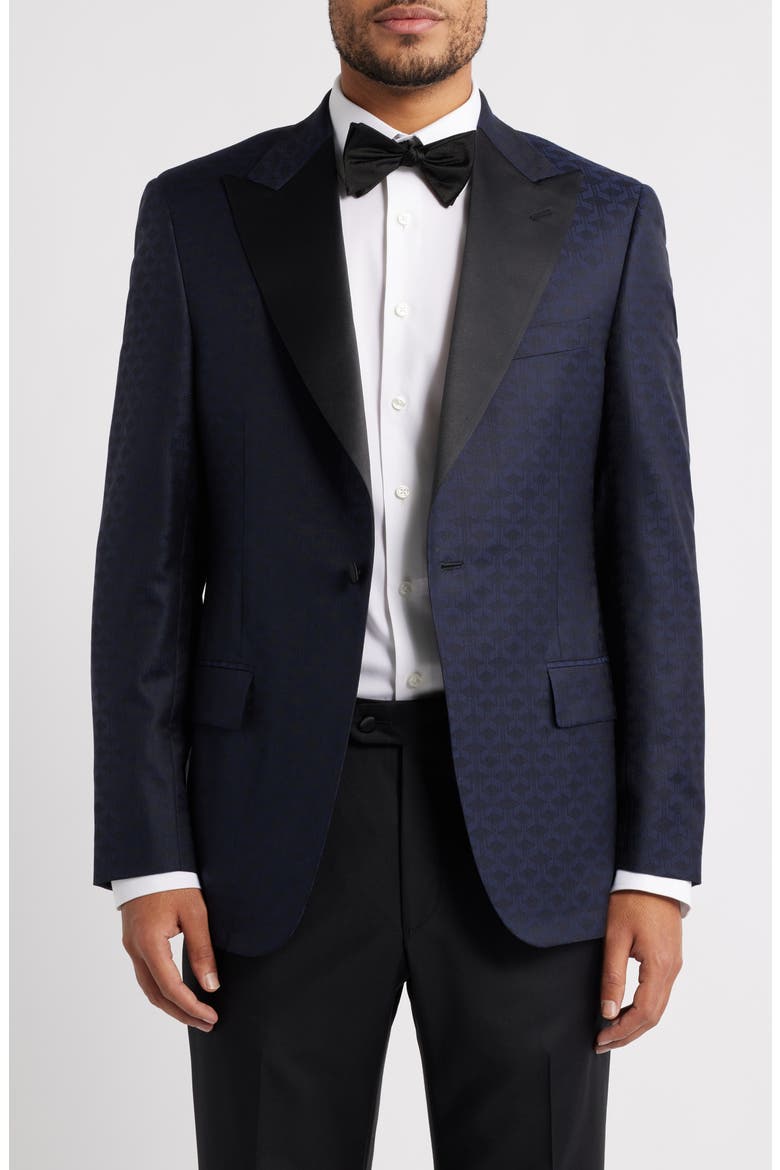 Regular Fit Navy Geometric Jacquard Wool & Silk Dinner Jacket, Main, color, NAVY