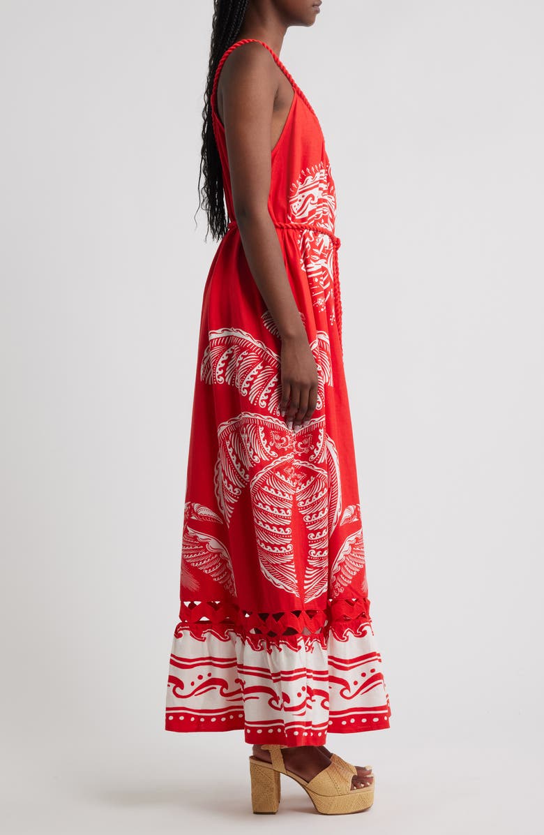 FARM Rio Majestic Coconut Tree Linen Blend Midi Dress, Alternate, color, Red