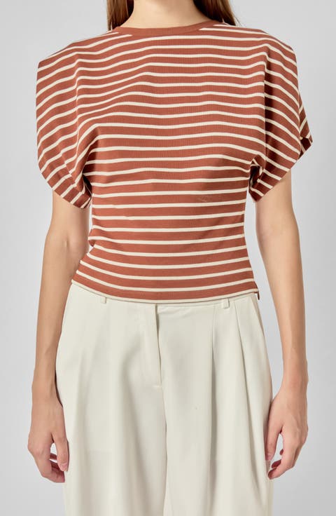 Striped Wing Sleeve Knit T-Shirt
