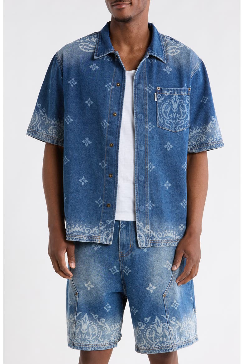Laser Print Denim Shirt, Main, color, MID BLUE