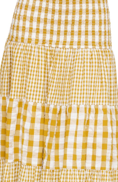 Avec Les Filles Mixed Print Tiered Cotton Gingham Maxi Skirt In Olio Gingham