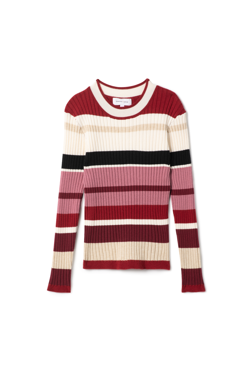 Charlotte & George Knit Rib Stripped Top, Long Sleeve Crewneck, Main, color, Light Wine/Almond
