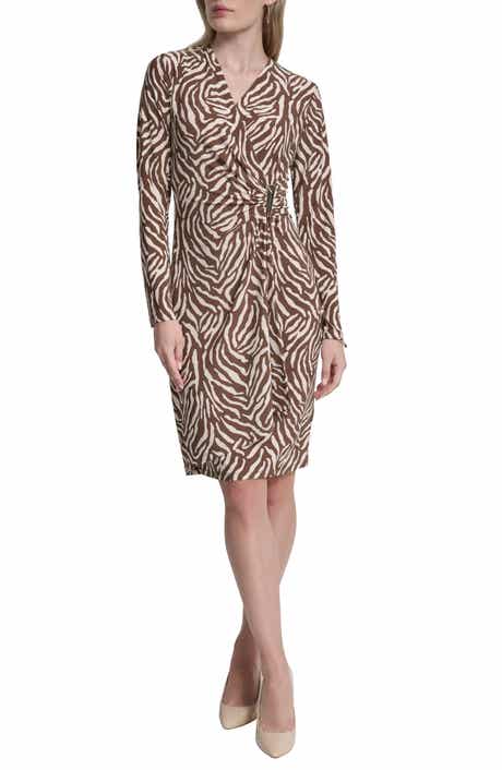 Faux Wrap Drape Long Sleeve Sheath Dress