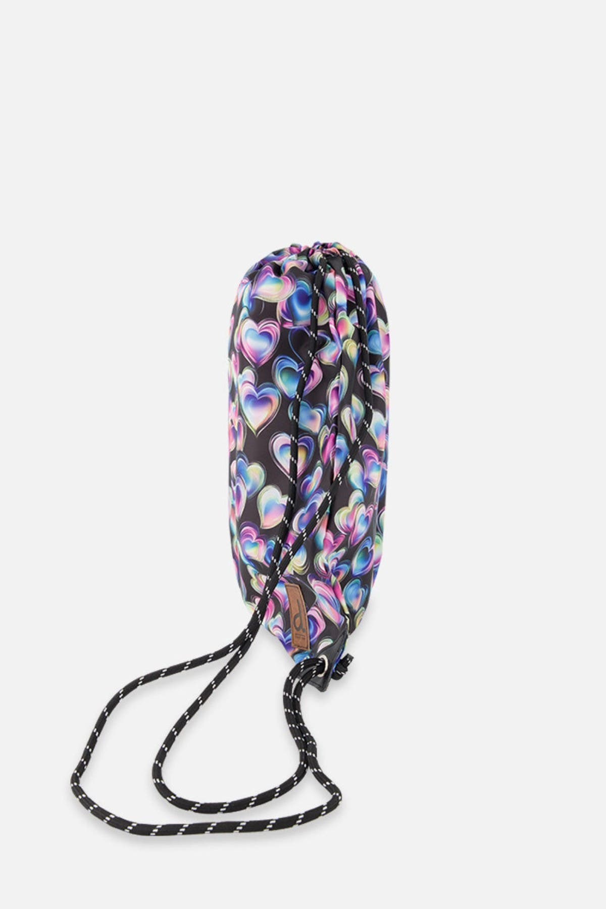 Deux par Deux Hearts Practical Charming Lightweight Drawstring Bag, Alternate, color, Black Printed With Hearts
