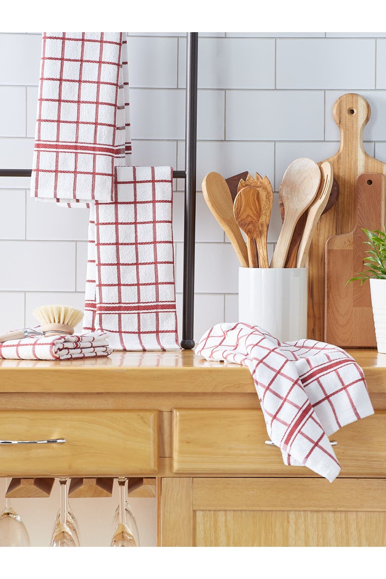 Windowpane Terry Dishtowel Set/4, Alternate, color, White/Barn Red