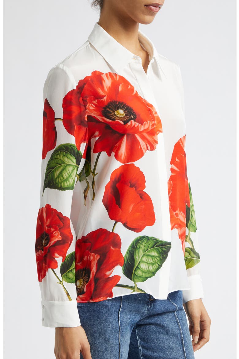 Willa Floral Print Silk Button-Up Shirt, Alternate, color, SUMMER POPPY