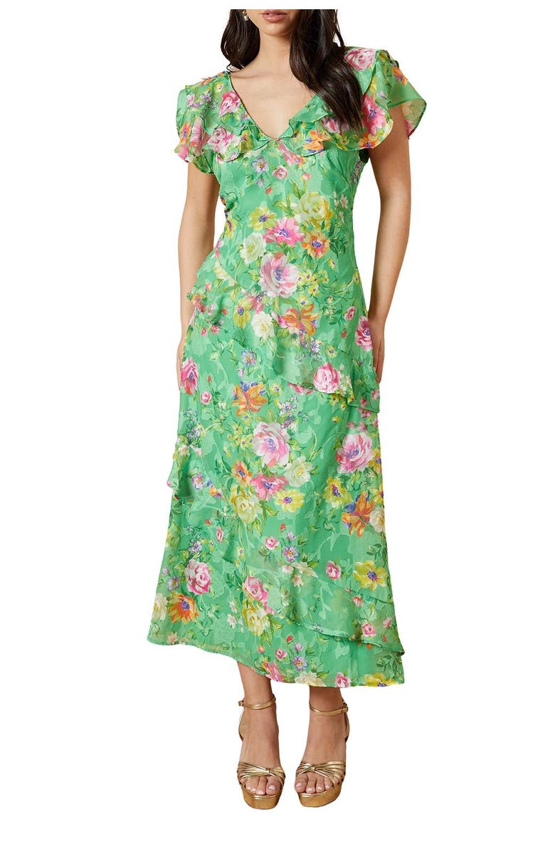 Oasis Ruffle Sleeve Jacquard Midi Dress, Alternate, color, Green