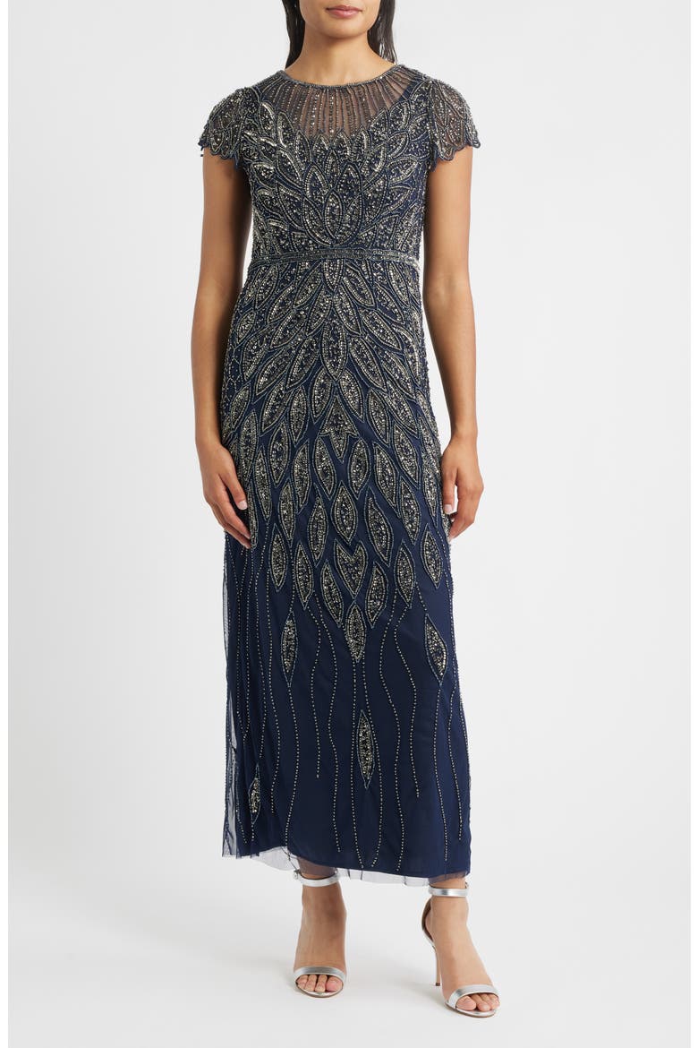 Beaded Cap Sleeve Column Gown, Main, color, NAVY