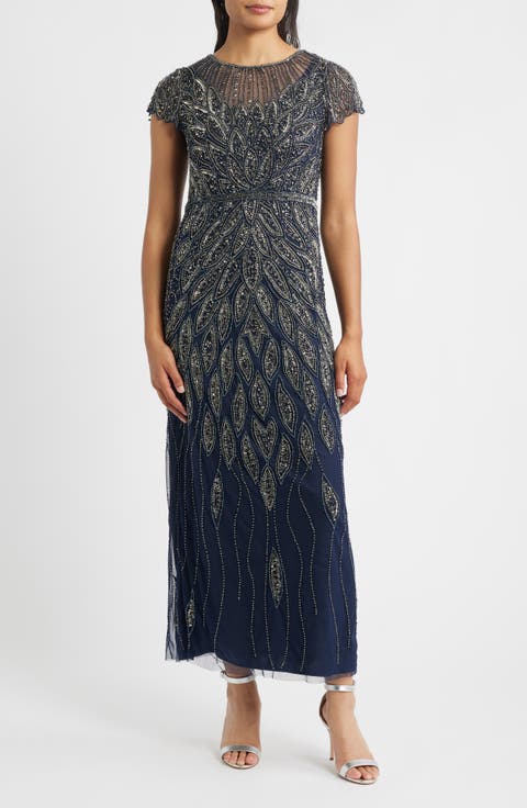 Beaded Cap Sleeve Column Gown