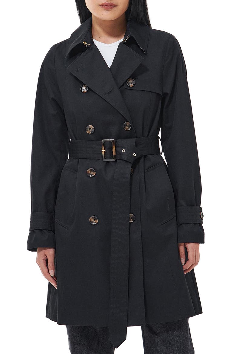 Greta Belted Water Resistant Twill Trench Coat, Main, color, BLACK/ANCIENT POPLAR