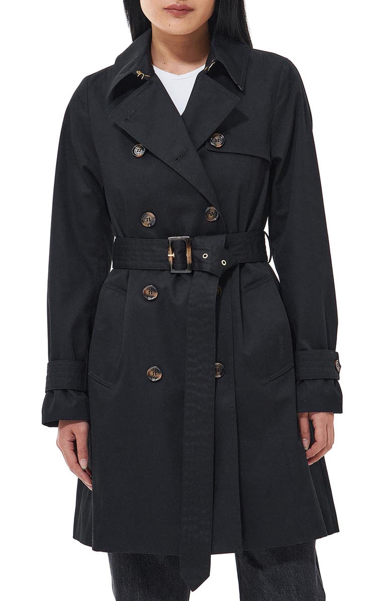 Barbour Greta Belted Water Resistant Twill Trench Coat, Main, color, Black/Ancient Poplar