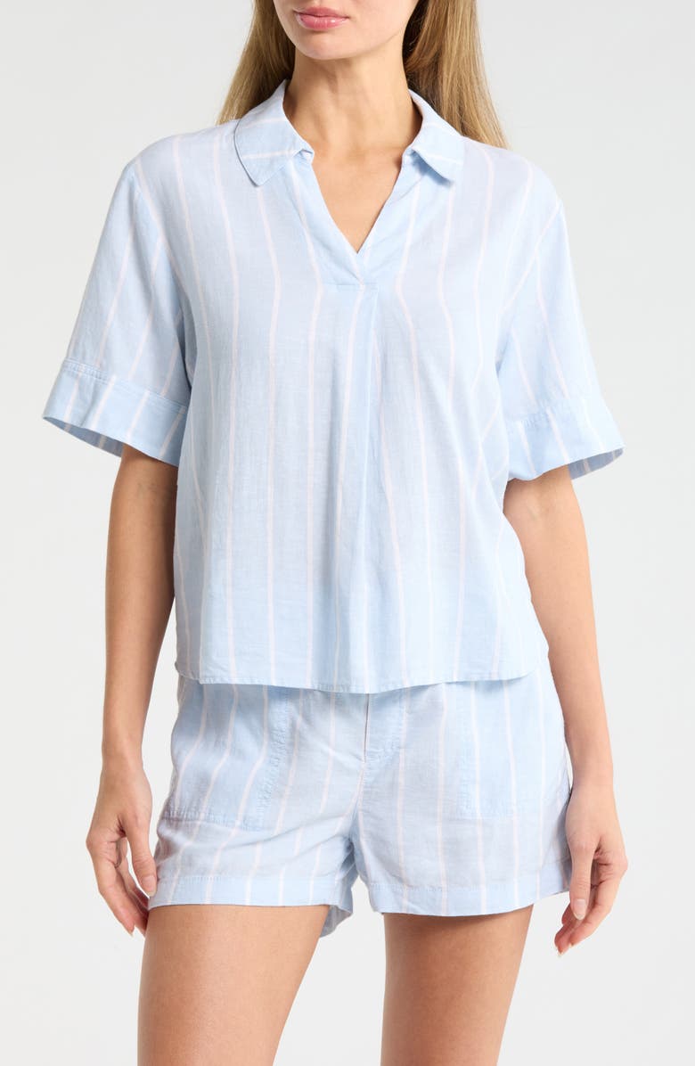 Caslon<sup>®</sup> Stripe Linen Blend Popover Top, Main, color, Blue- White Rhode Stripe