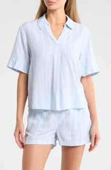 Caslon® Stripe Linen Blend Popover Top