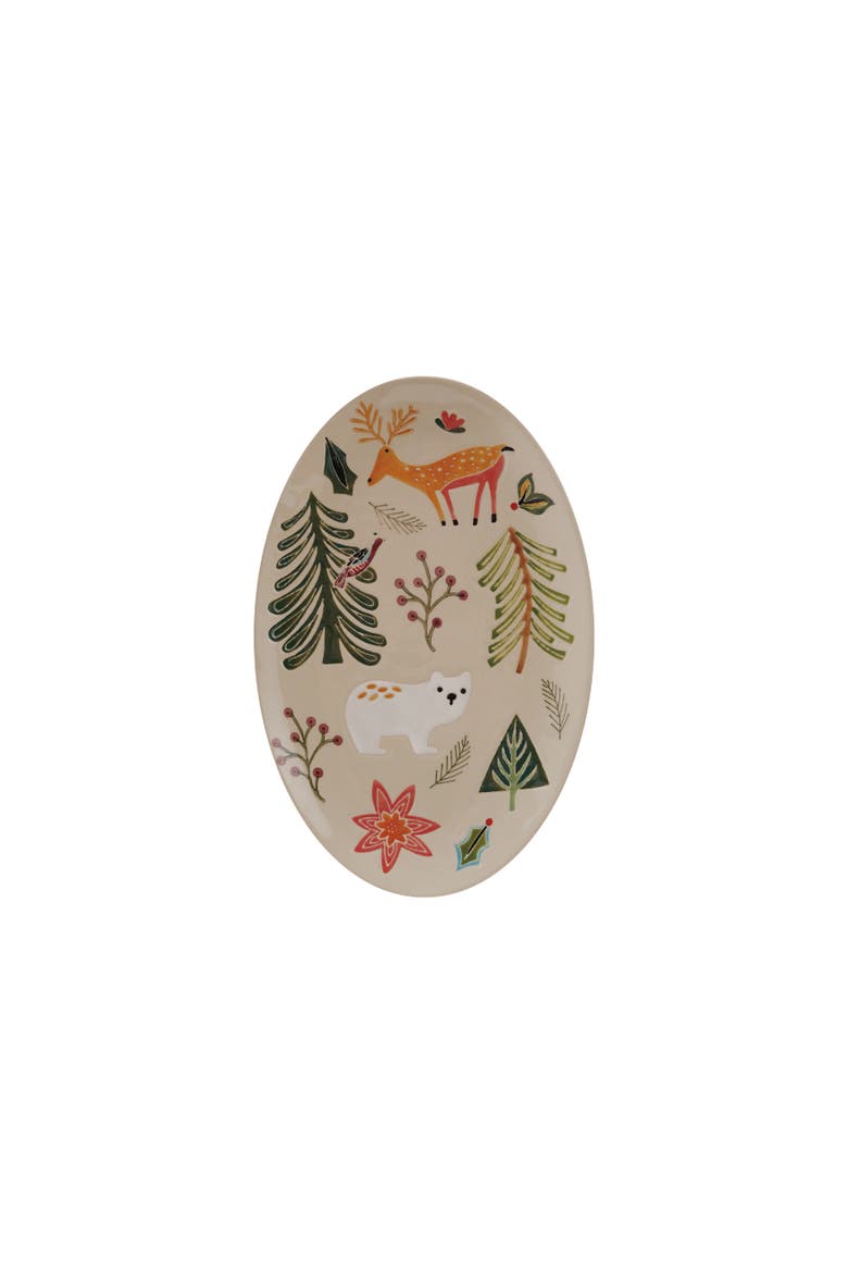 Wildwood Stoneware Platter with Hand-Painted Botanical Animals, Main, color, Multicolor