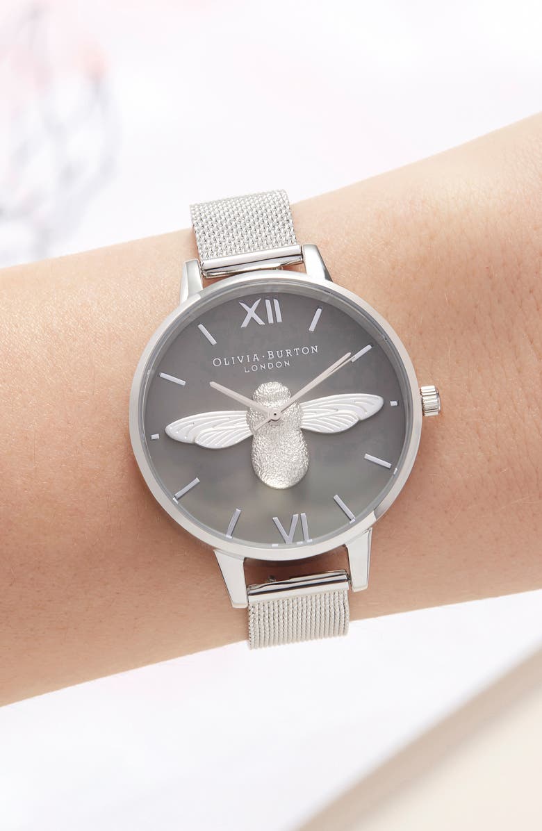 Olivia Burton 3D Bee Mesh Strap Watch, 34mm, Alternate, color, 