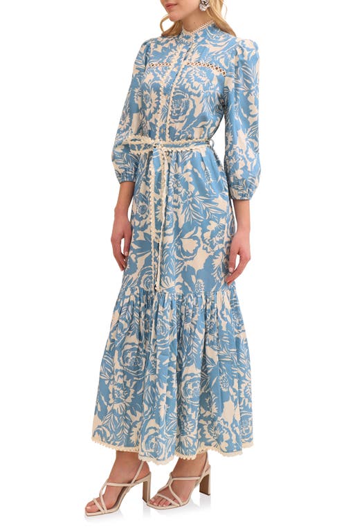 Avec Les Filles Floral Print Long Sleeve Cotton Poplin Dress In Blue Vintage Floral