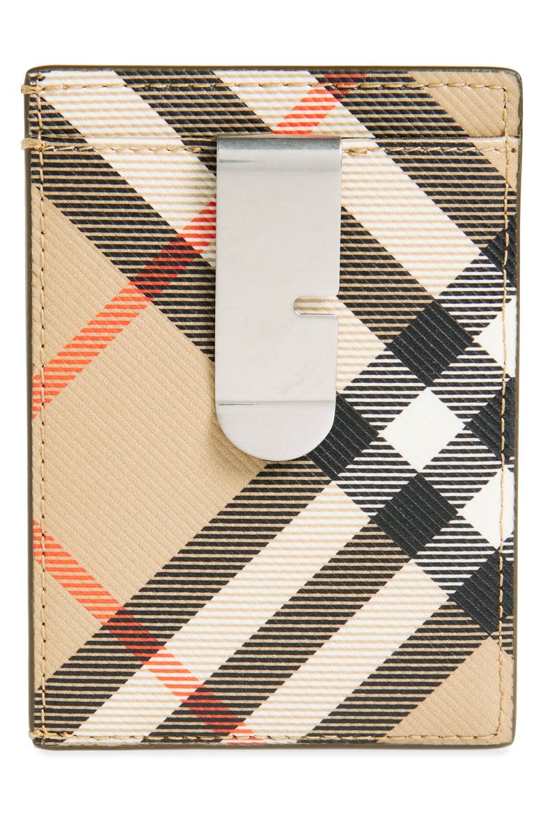 Check Money Clip Coated Canvas & Leather Card Case, Alternate, color, SAND