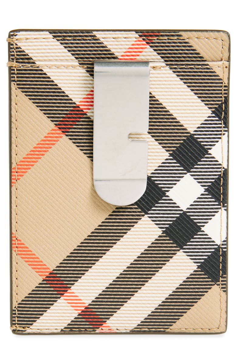 Burberry Check Money Clip Coated Canvas & Leather Card Case, Alternate, color, Sand