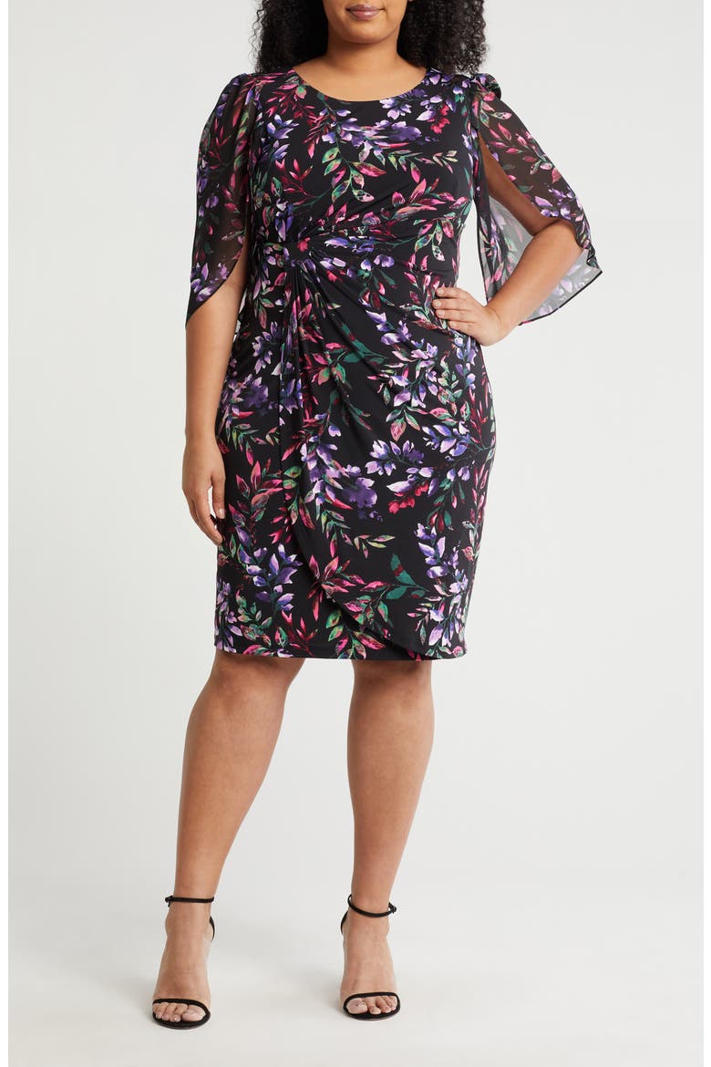 Floral Chiffon Sleeve Faux Wrap Dress, Main, color, CHERRY