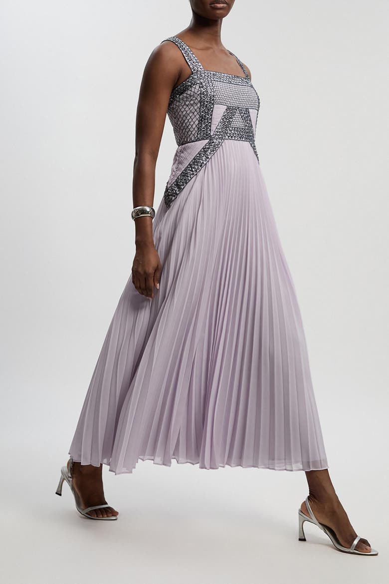 Petite Embellished Pleated Midi Dress, Alternate, color, Lilac