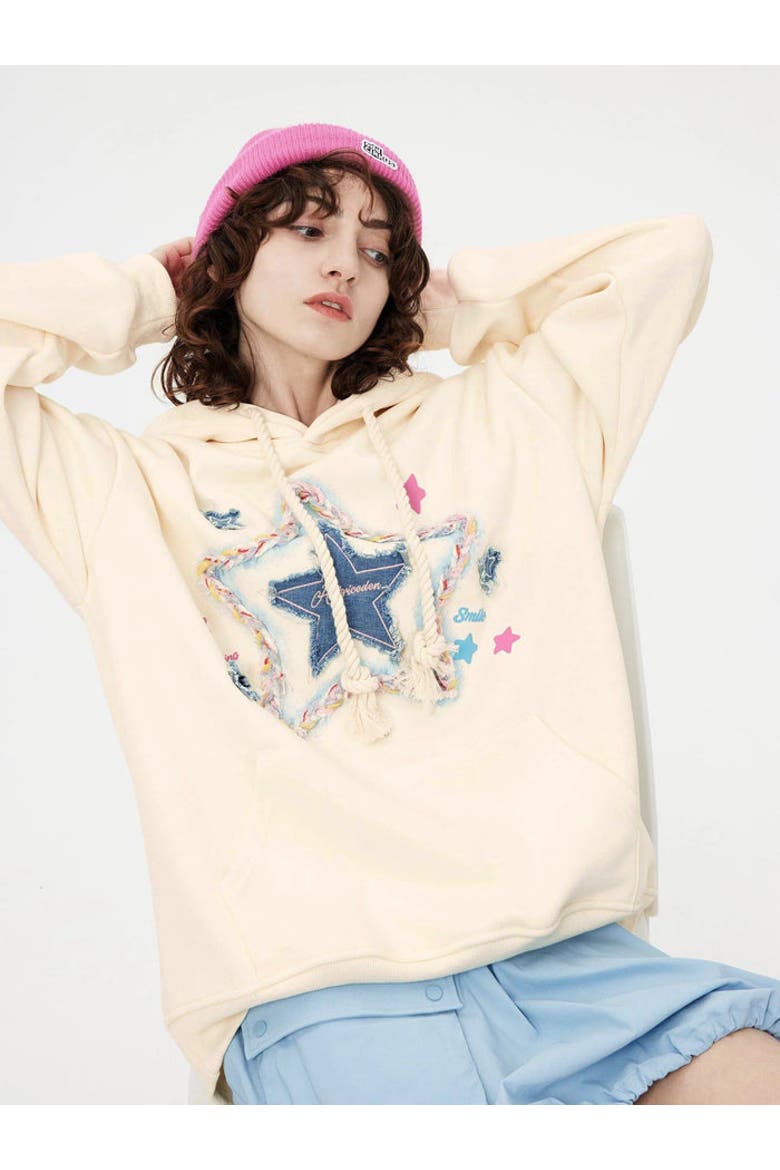 Denim Star Applique Hoodie, Main, color, Apricot
