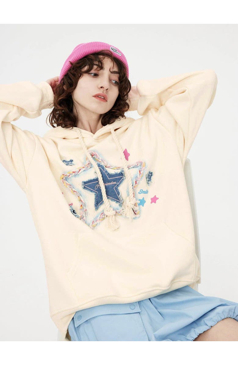 AELFRIC EDEN Denim Star Applique Hoodie, Main, color, Apricot