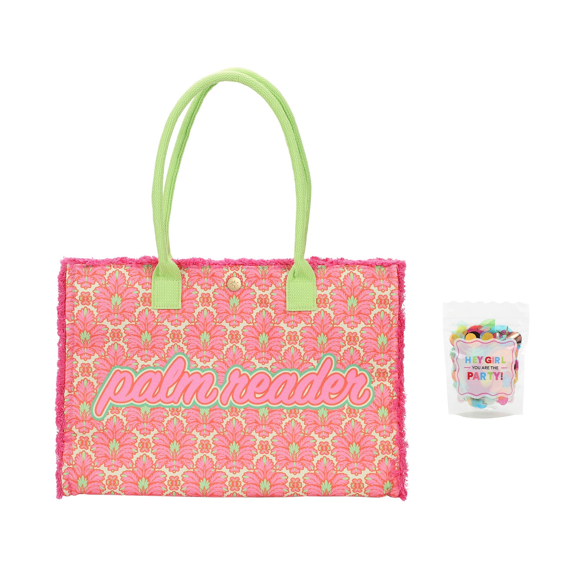 Palm Reader Tropical Canvas Fringe Tote Bag - All-Over Palm Print with Frayed Fringe, Corded Handles, Zippered Pocket, and Confetti Lining, Main, color, Pink