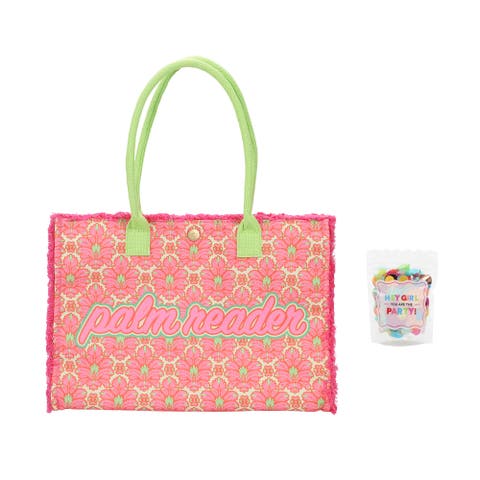 Palm Reader Tropical Canvas Fringe Tote Bag - All-Over Palm Print with Frayed Fringe, Corded Handles, Zippered Pocket, and Confetti Lining