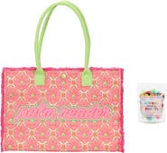 PACKED PARTY Palm Reader Tropical Canvas Fringe Tote Bag - All-Over Palm Print with Frayed Fringe, Corded Handles, Zippered Pocket, and Confetti Lining