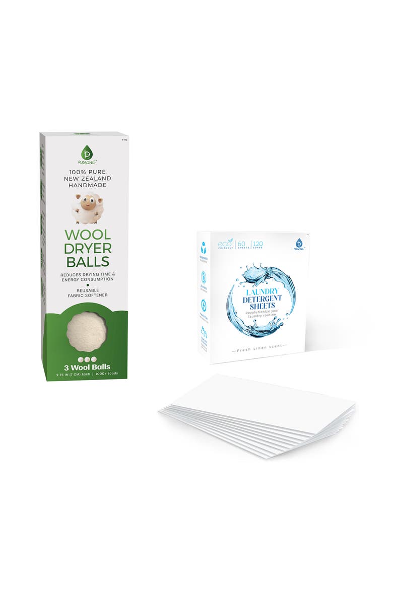 Detergent Sheets & New Zealand Wool Dryer Balls Set, Main, color, White
