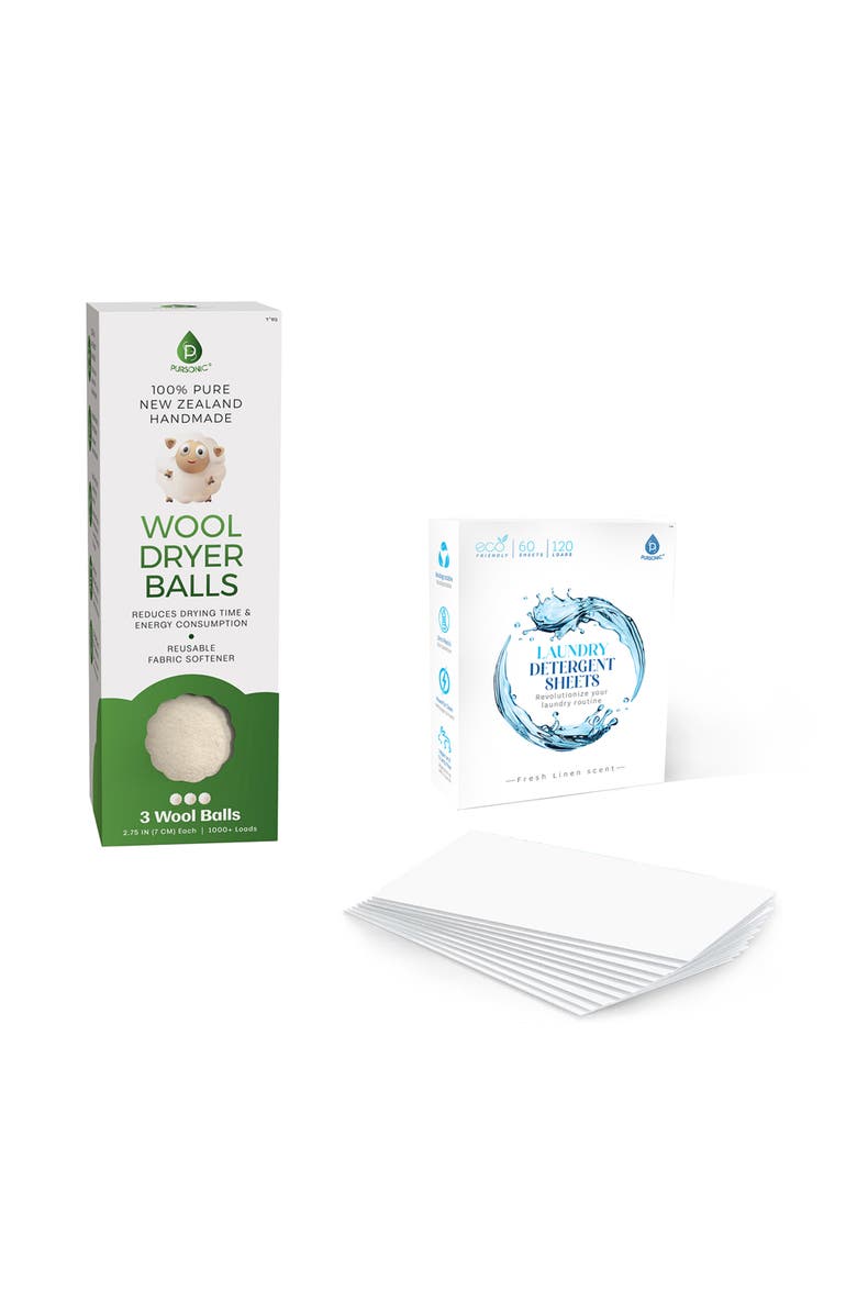PURSONIC Detergent Sheets & New Zealand Wool Dryer Balls Set, Main, color, White