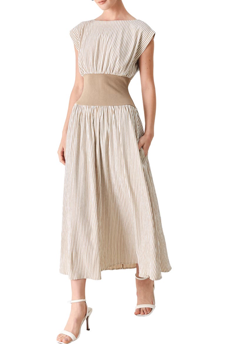 Smocked Bodice Midi Dress, Alternate, color, MOCHA/CREAM