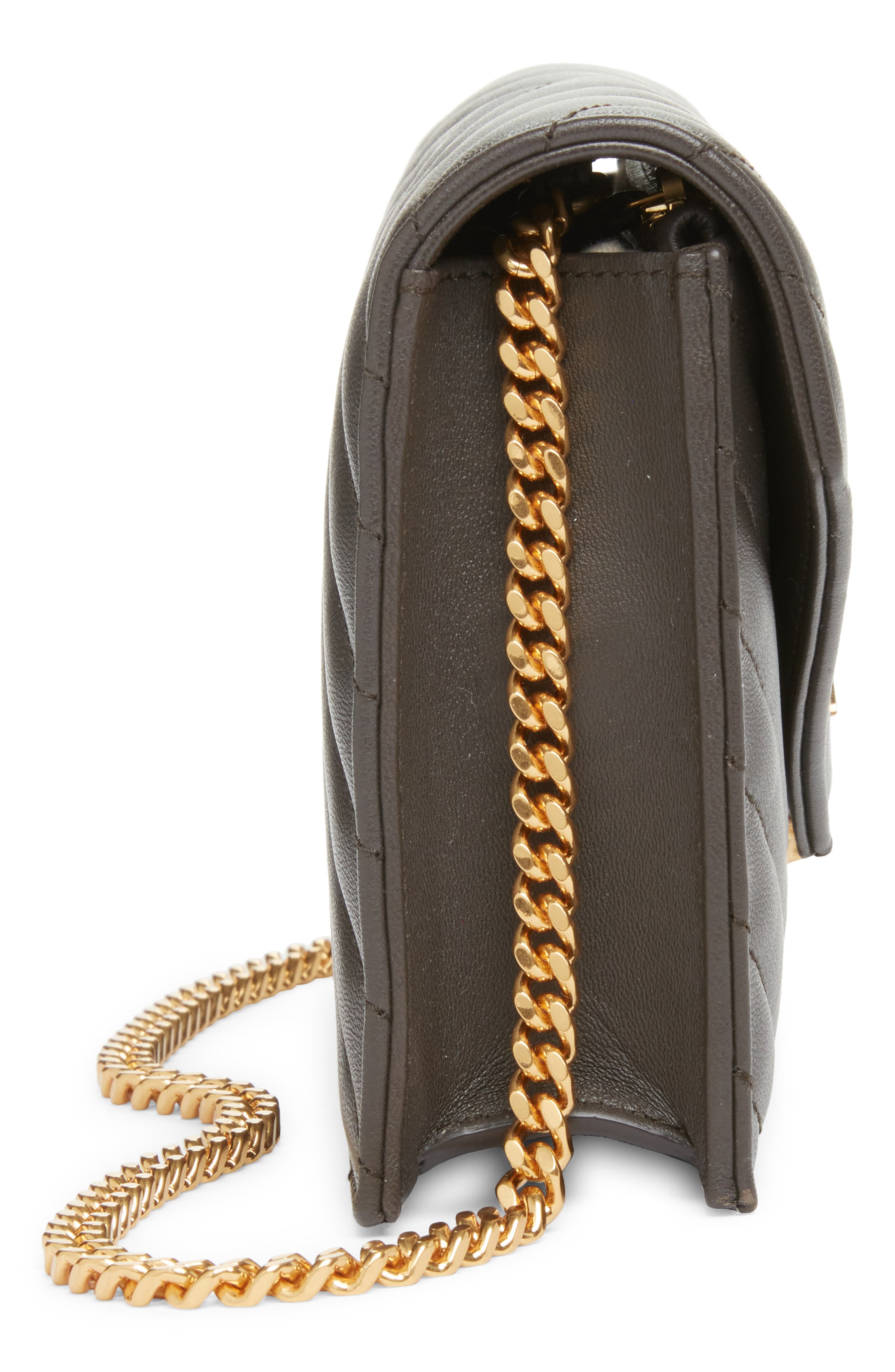 Saint Laurent Cassandre Quilted Leather Wallet on a Chain, Alternate, color, Urban Grey