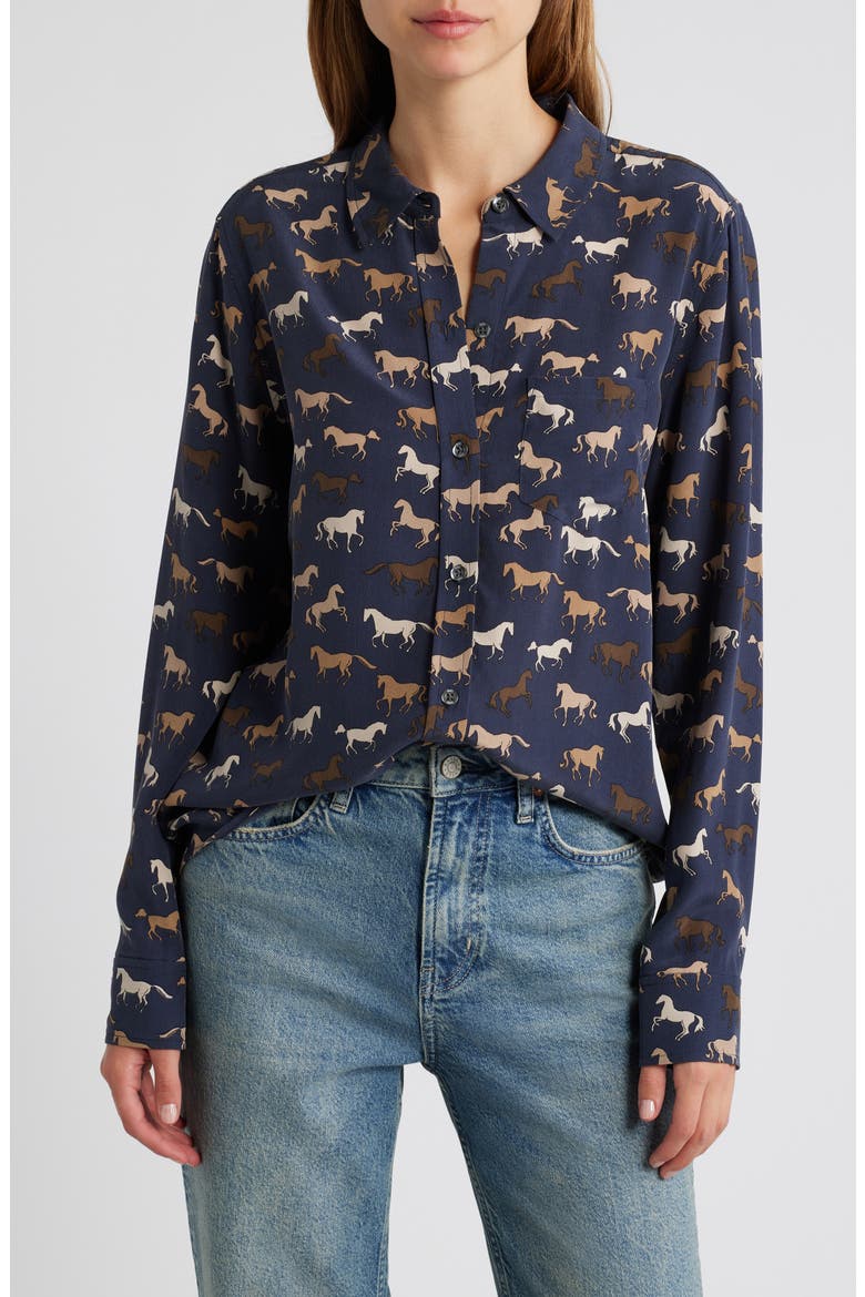 Kate Horse Print Silk Button-Up Shirt, Main, color, HORSES