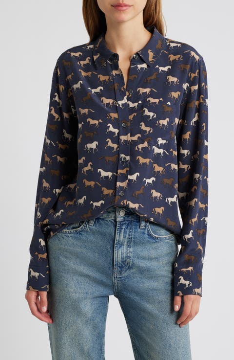 Kate Horse Print Silk Button-Up Shirt