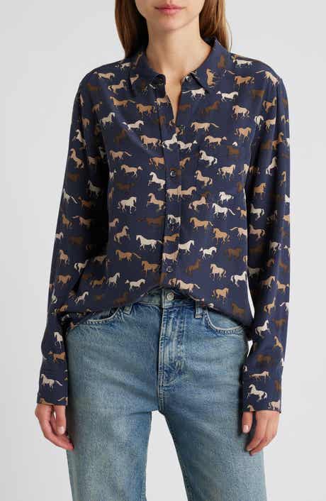 Kate Horse Print Silk Button-Up Shirt