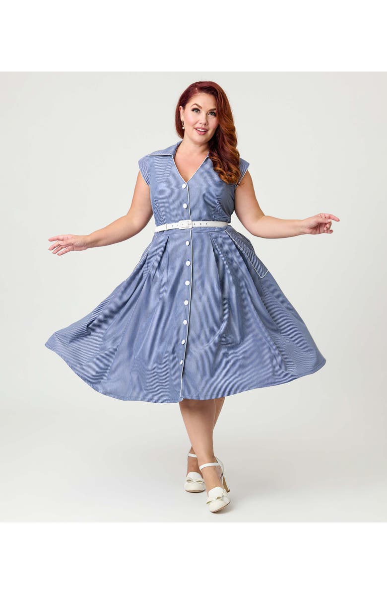 Unique Vintage Plus Size Shirt Swing Dress, Main, color, Blue & White Stripe