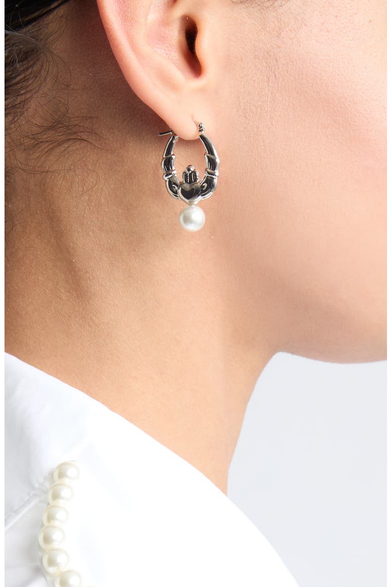 Faux Pearl Claddagh Hoop Earrings, Alternate, color, RHODIUM/ PEARL