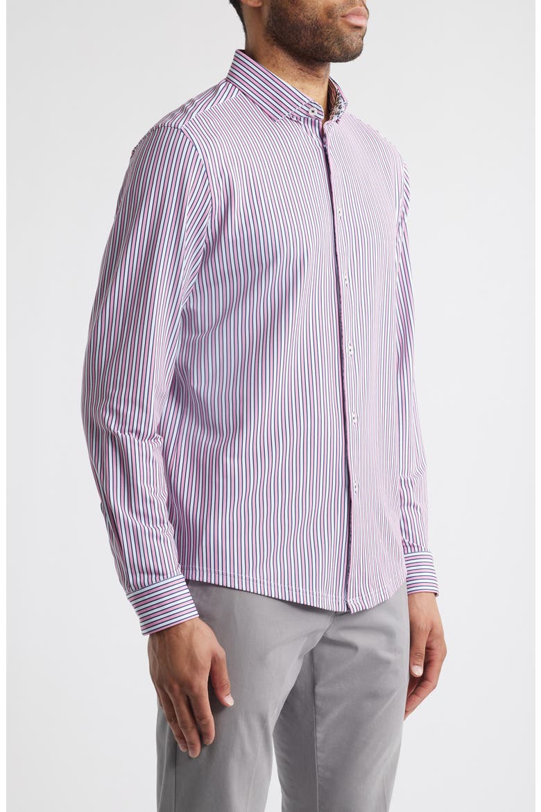 Trim Fit Techno Stretch Stripe Performance Button-Up Shirt, Alternate, color, MED PINK